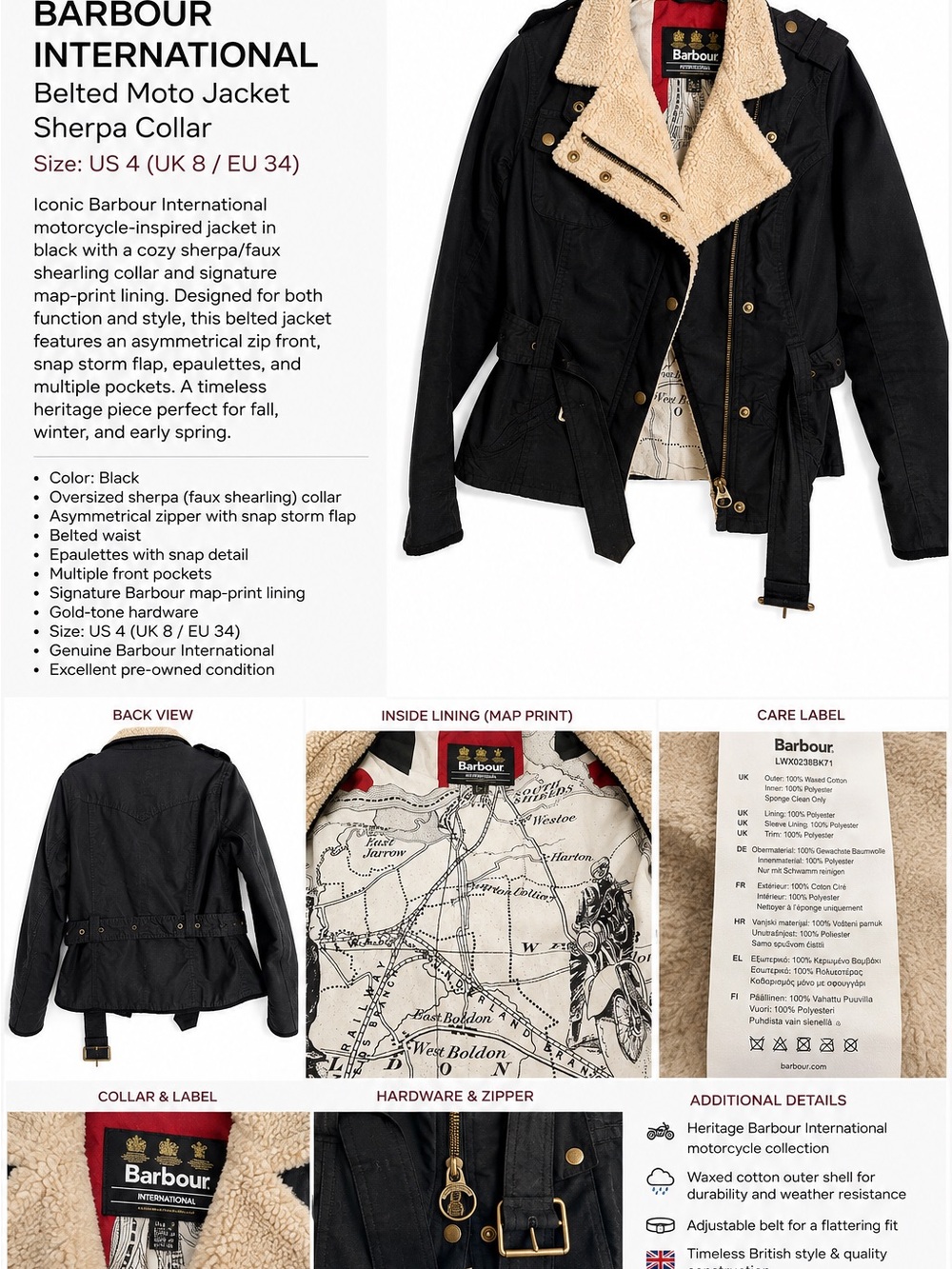 Barbour Black Belted Moto Jacket with Cream Sherpa Collar